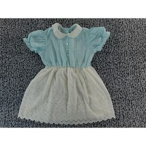 VTG 1950s Lil Airass Blue White Eyelet Girls Dress Puff Sleeve Peter Pan Collar